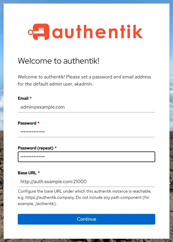 نموذج الإعداد الأولي في authentik بحقول البريد وكلمة المرور وعنوان Base URL