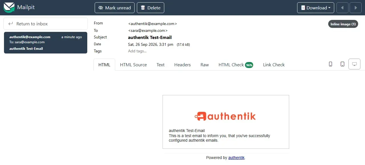 رسالة authentik Test-Email كما وصلت إلى صندوق Mailpit التجريبي