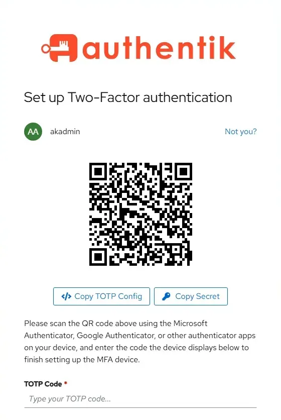صفحة إعداد المصادقة الثنائية مع رمز QR وحقل إدخال رمز TOTP