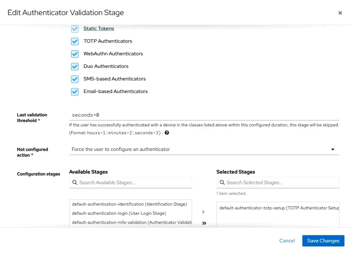 تعديل خطوة Authenticator Validation مع اختيار Force the user to configure an authenticator وخطوة إعداد TOTP