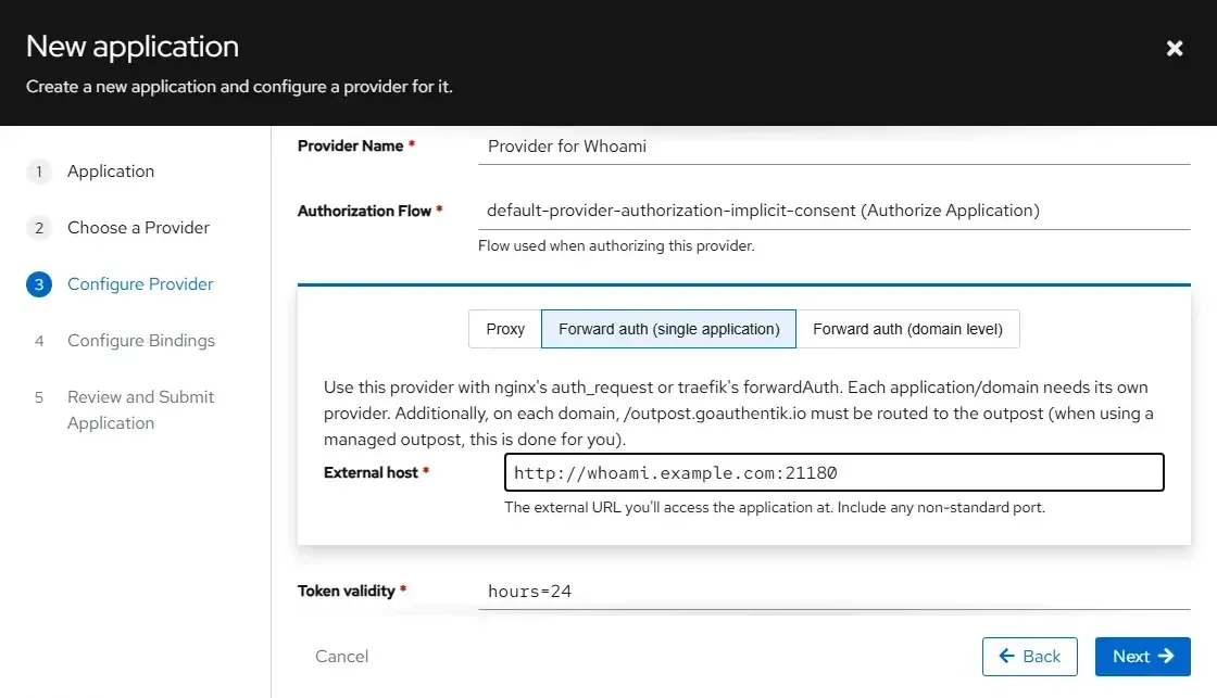 إعداد Proxy Provider في وضع Forward auth single application مع حقل External host