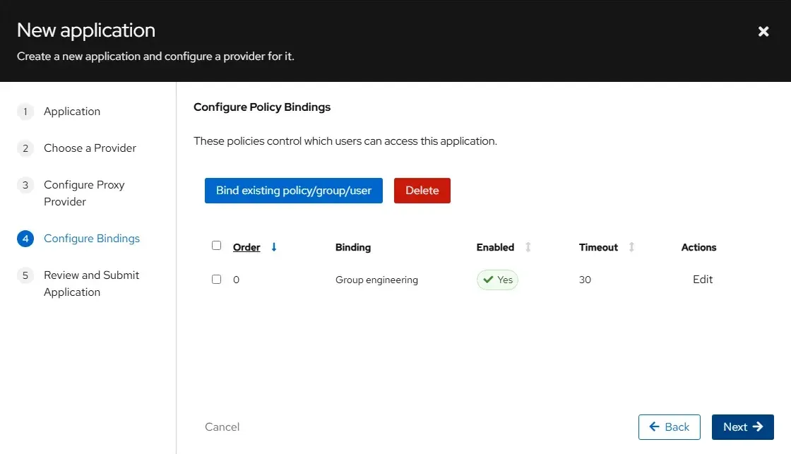 ربط المجموعة engineering بالتطبيق في خطوة Configure Bindings