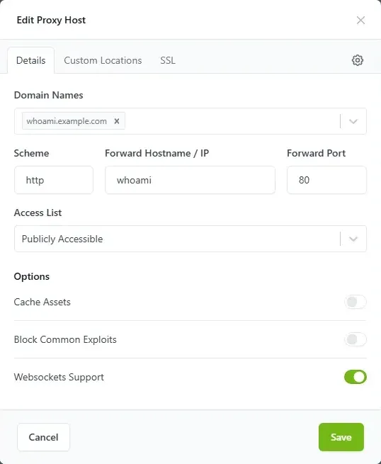 نافذة Edit Proxy Host في Nginx Proxy Manager وفيها النطاق والوجهة whoami على المنفذ 80