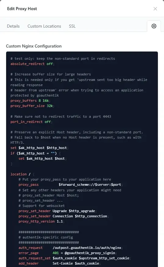 تبويب Custom Nginx Configuration في NPM وفيه إعداد auth_request الخاص بـ authentik