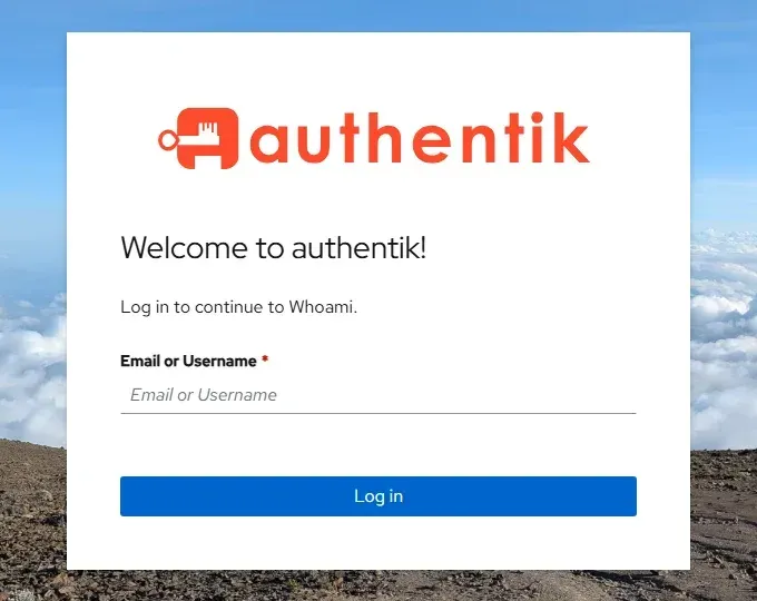 صفحة دخول authentik مع عبارة Log in to continue to Whoami