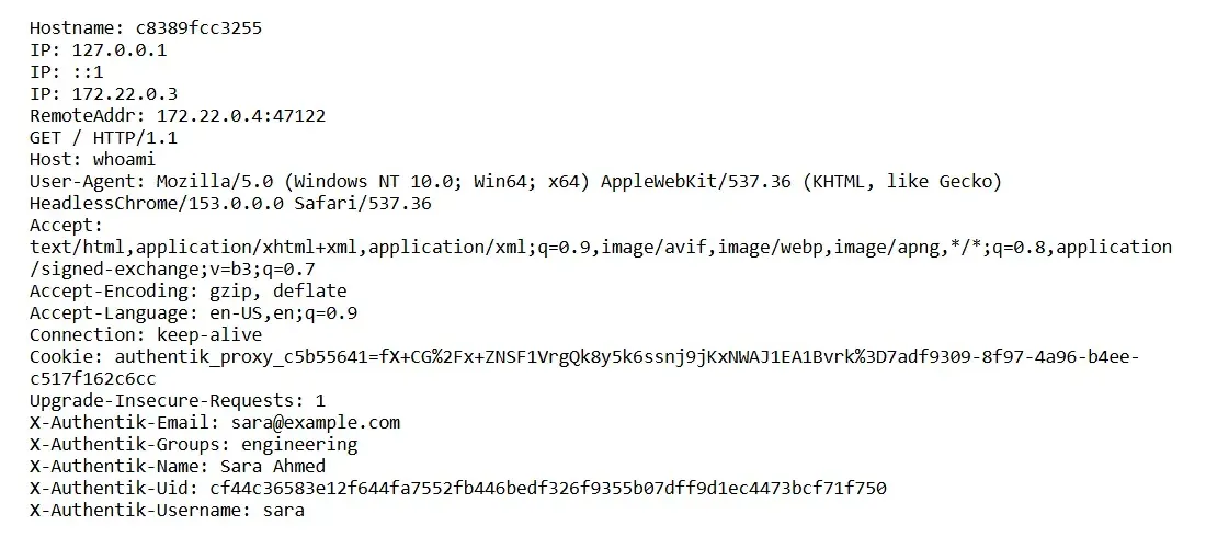 مخرجات whoami وفيها ترويسات X-Authentik-Username وX-Authentik-Email وX-Authentik-Groups