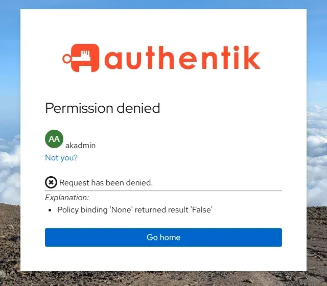 رسالة Permission denied من authentik لحساب akadmin لأنه ليس عضواً في المجموعة المسموح لها