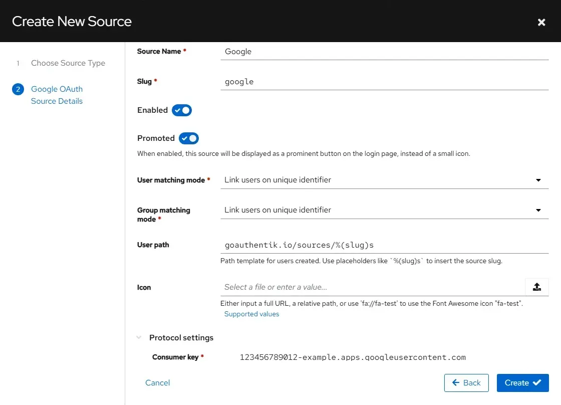 نموذج إنشاء Google OAuth Source بالاسم Google والـ slug google مع خيار Promoted ووضع مطابقة المستخدمين