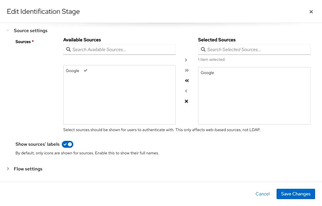 قسم Source settings في Identification Stage مع اختيار Google Source