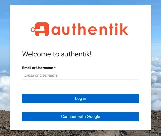 صفحة دخول authentik وفيها زر Continue with Google أسفل زر Log in