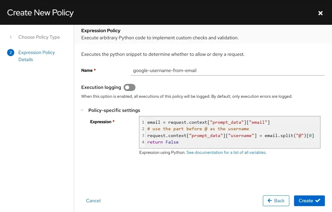 إنشاء Expression Policy باسم google-username-from-email وفيها كود تعيين اسم المستخدم من البريد