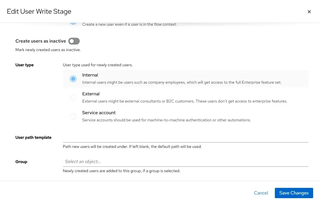 تعديل User Write Stage مع اختيار نوع المستخدم Internal وحقل المجموعة الافتراضية