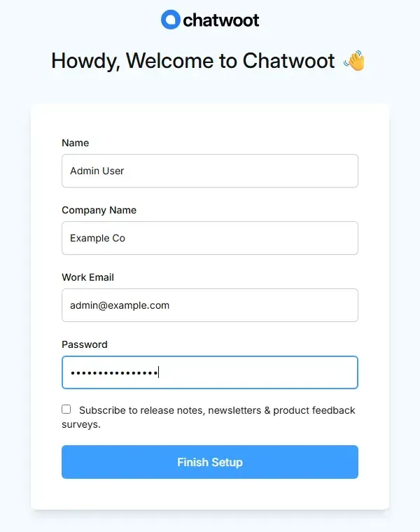 صفحة إنشاء أول مستخدم في Chatwoot