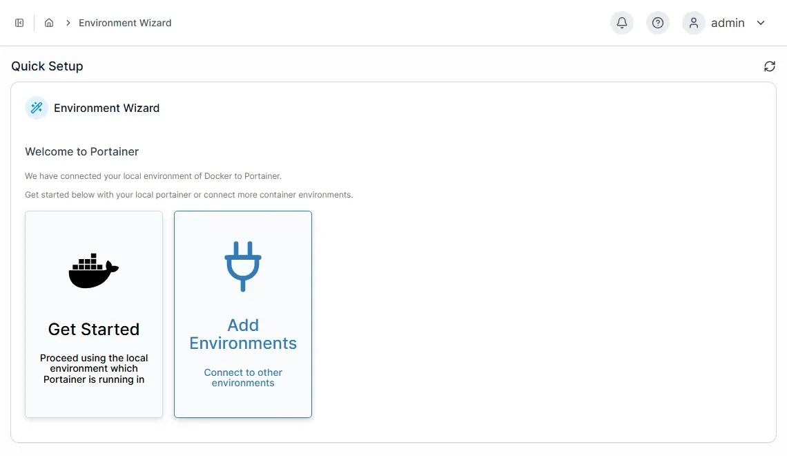 معالج البيئات في Portainer مع خياري Get Started وAdd Environments