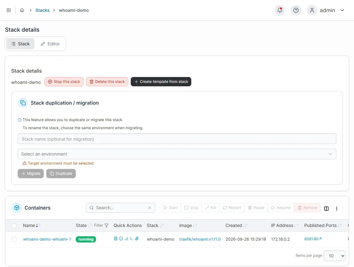 صفحة تفاصيل Stack في Portainer تعرض الـ Container whoami يعمل