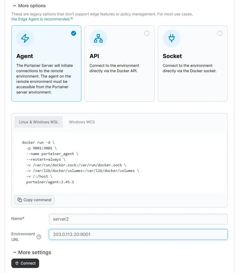 شاشة إضافة بيئة Docker Standalone عبر Agent مع أمر التشغيل وحقلي الاسم والعنوان