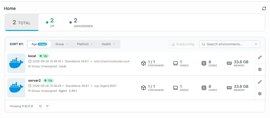 الصفحة الرئيسية في Portainer تعرض بيئتين: local وserver2 عبر Agent