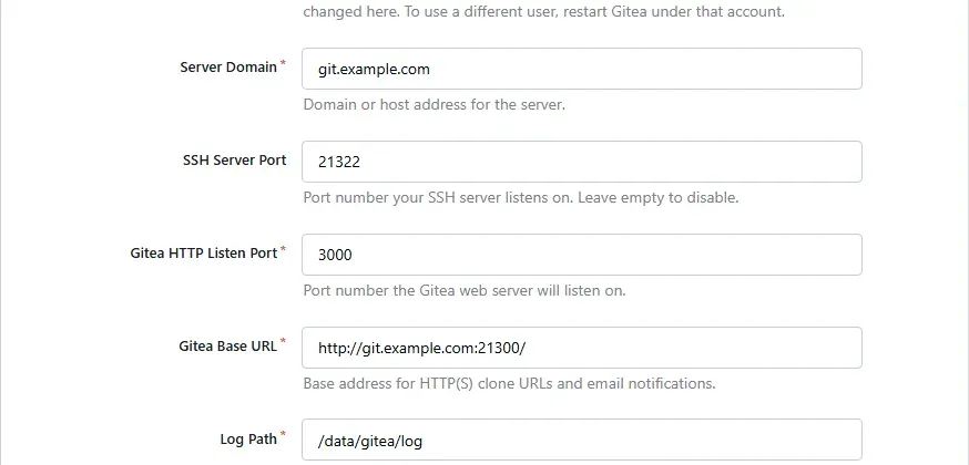 حقول Server Domain وSSH Server Port وGitea Base URL في معالج التثبيت