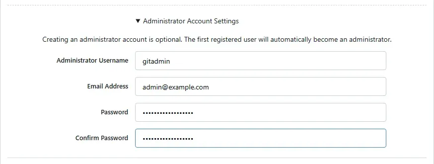 قسم Administrator Account Settings مع اسم المستخدم gitadmin والبريد وكلمة المرور