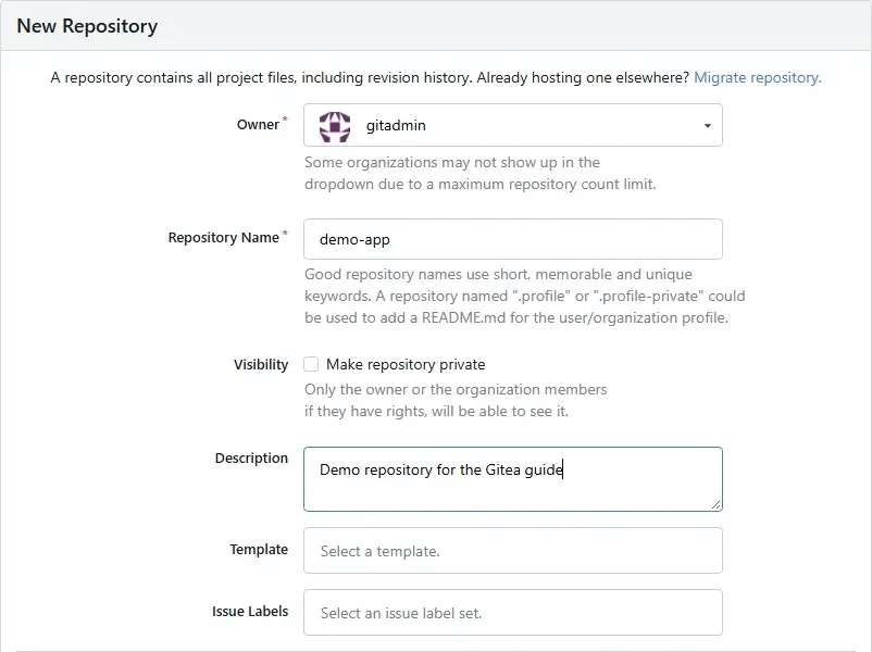 نموذج New Repository في Gitea مع اسم المستودع demo-app والوصف