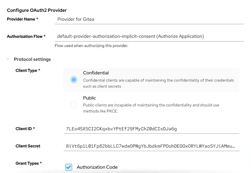 إعداد OAuth2 Provider في authentik مع تدفق التفويض الضمني ونوع العميل Confidential ومعرف العميل وسره
