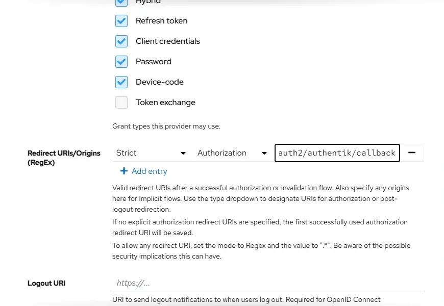 حقل Redirect URIs في المزود بوضع Strict ونوع Authorization مع عنوان callback الخاص بـ Gitea