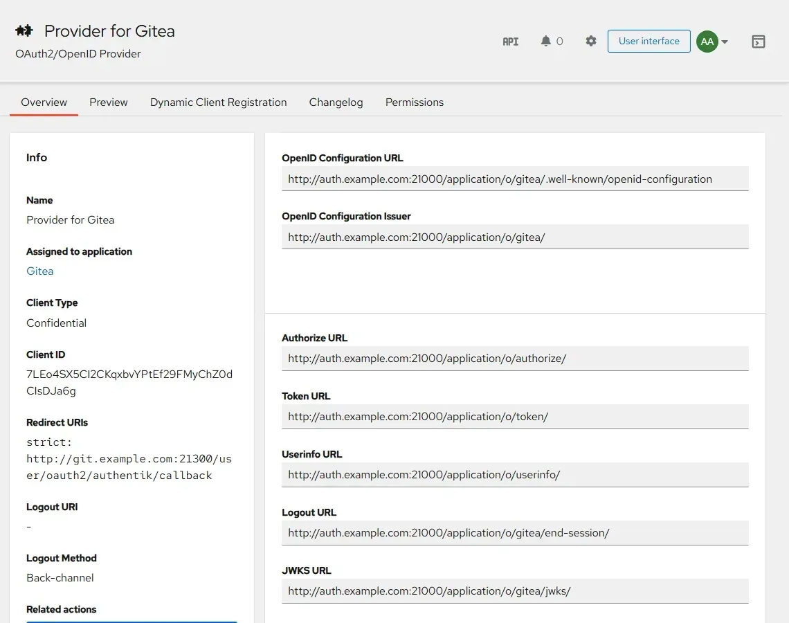صفحة Provider for Gitea في authentik وفيها OpenID Configuration URL والـ Issuer وعناوين authorize وtoken وuserinfo
