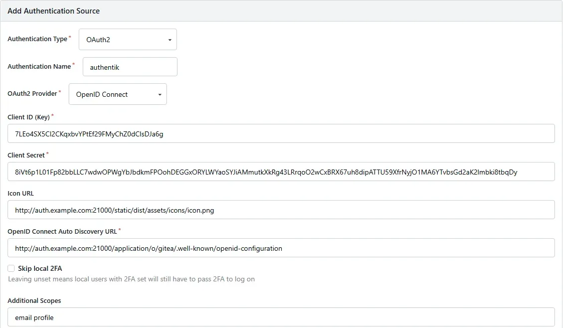نموذج Add Authentication Source في Gitea بنوع OAuth2 ومزود OpenID Connect ومعرف العميل وعنوان الاكتشاف
