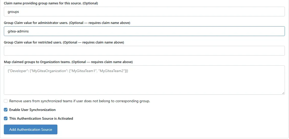 حقول group claim في مصدر المصادقة: اسم الـ claim groups وقيمة مجموعة المديرين gitea-admins