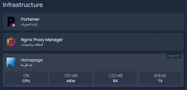بطاقة خدمة في Homepage مع شارة HEALTHY وإحصاءات CPU وMEM وRX وTX