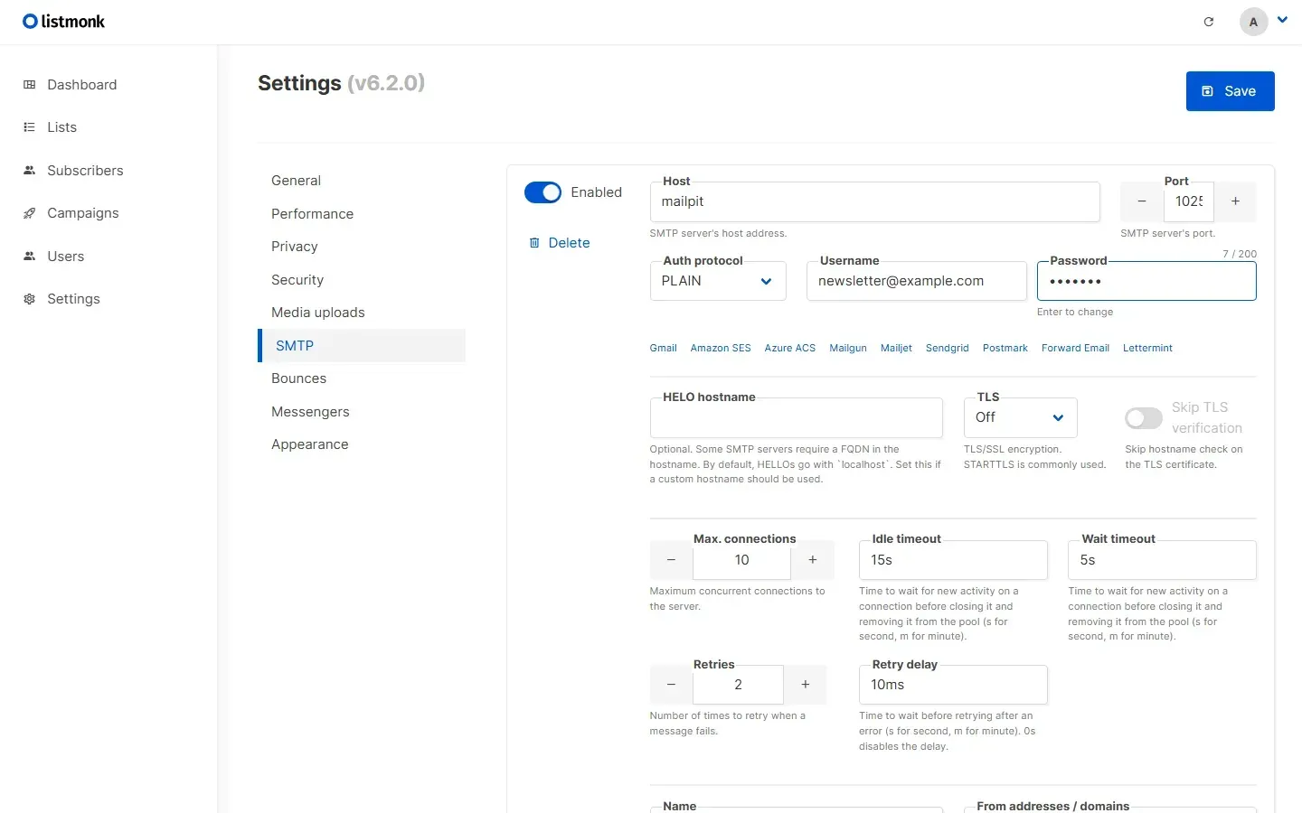 إعدادات خادم SMTP في listmonk