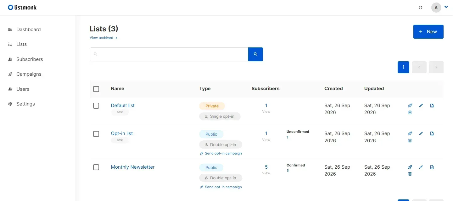 قائمة القوائم في listmonk مع أعداد المشتركين