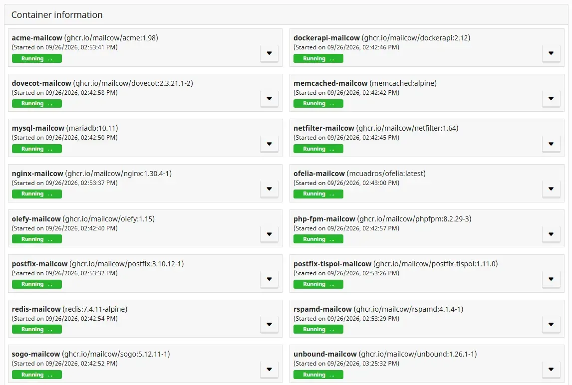 قائمة Containers الخاصة بـ mailcow وحالتها في لوحة الإدارة