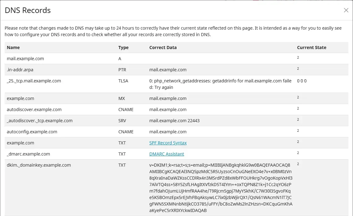نافذة فحص سجلات DNS للنطاق في mailcow
