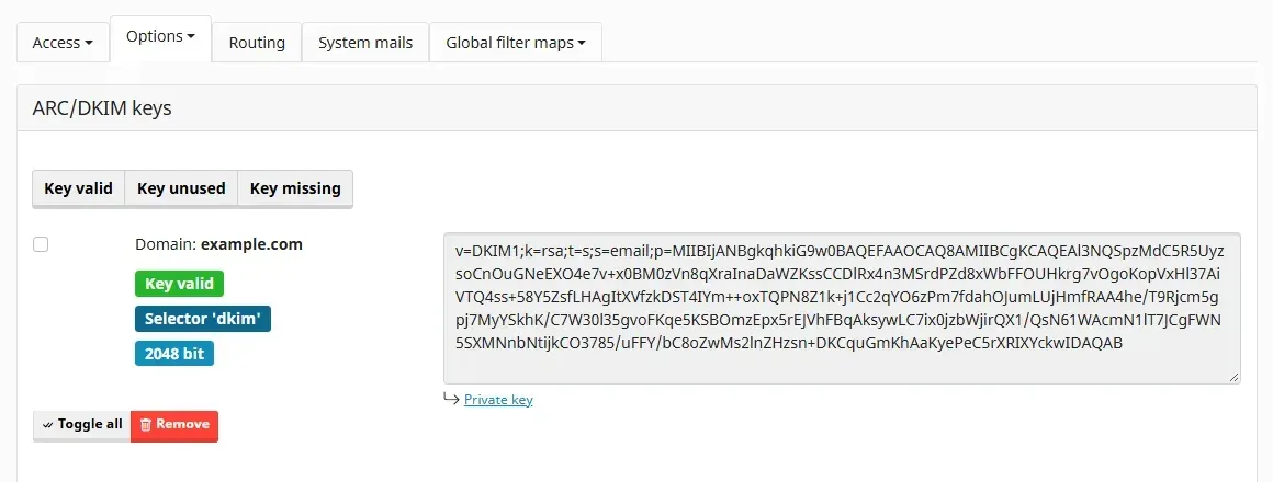 صفحة مفاتيح ARC وDKIM في mailcow
