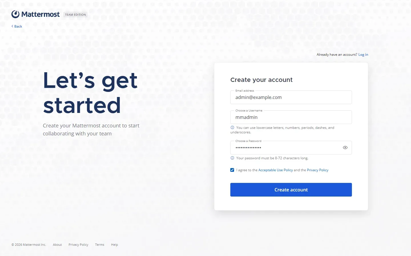 صفحة Create your account في Mattermost Team Edition مع البريد واسم المستخدم mmadmin