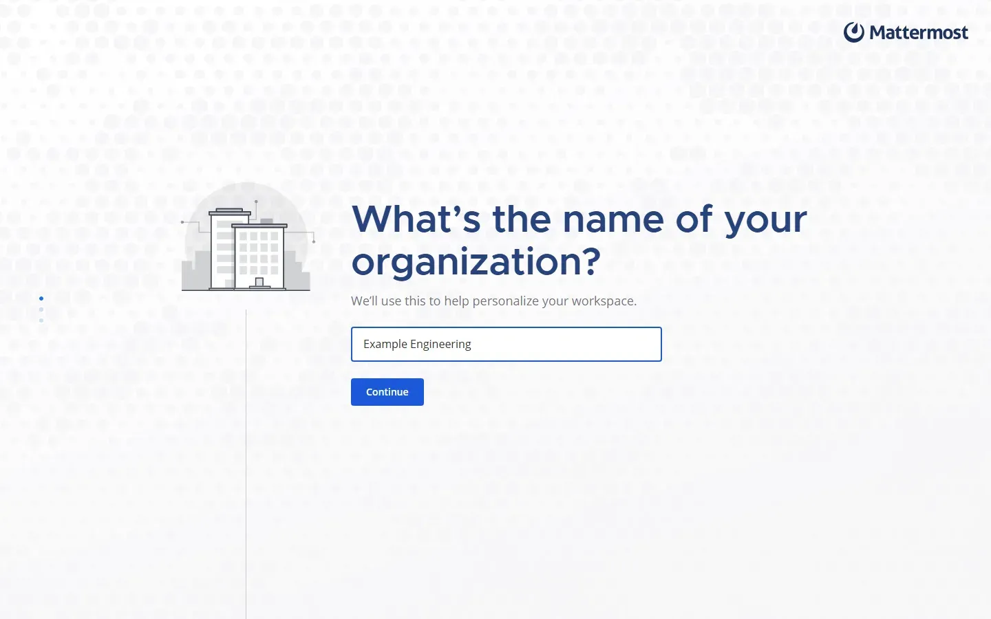 شاشة What's the name of your organization في معالج Mattermost مع اسم Example Engineering