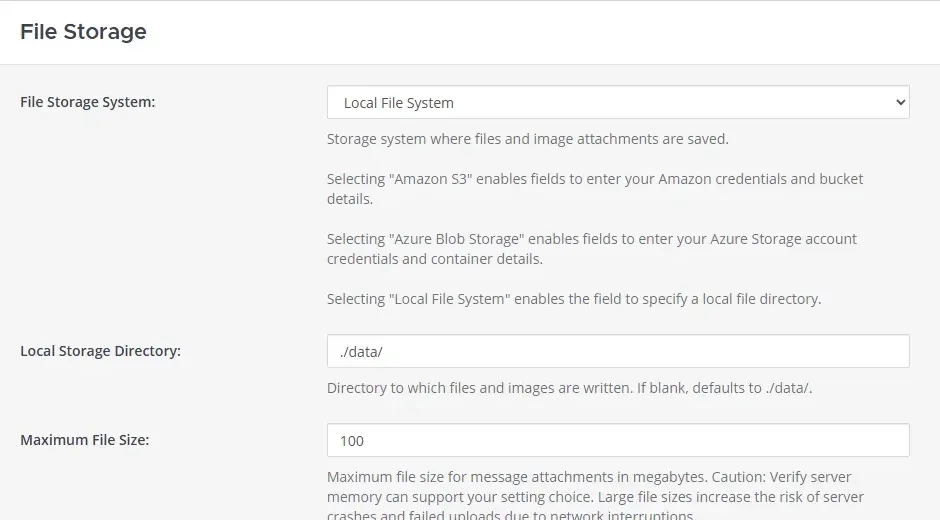صفحة File Storage في System Console مع Local File System ومجلد ./data/ والحد الأقصى 100 ميغابايت