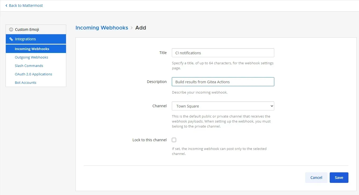 نموذج إضافة Incoming Webhook بعنوان CI notifications وقناة Town Square