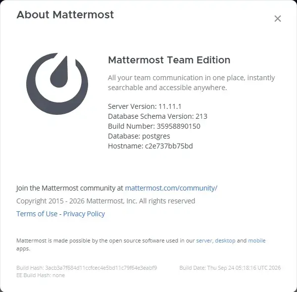 نافذة About Mattermost تعرض Server Version 11.11.1 وDatabase Schema Version 213