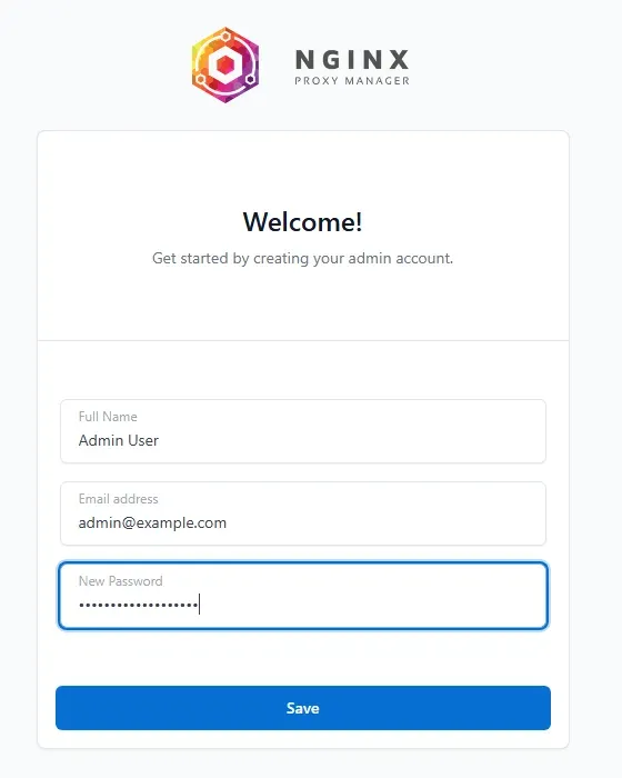 شاشة Welcome في Nginx Proxy Manager لإنشاء حساب المدير الأول