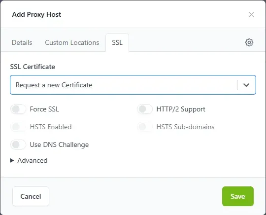 تبويب SSL مع خيار Request a new Certificate وخيارات Force SSL وHTTP/2 وHSTS
