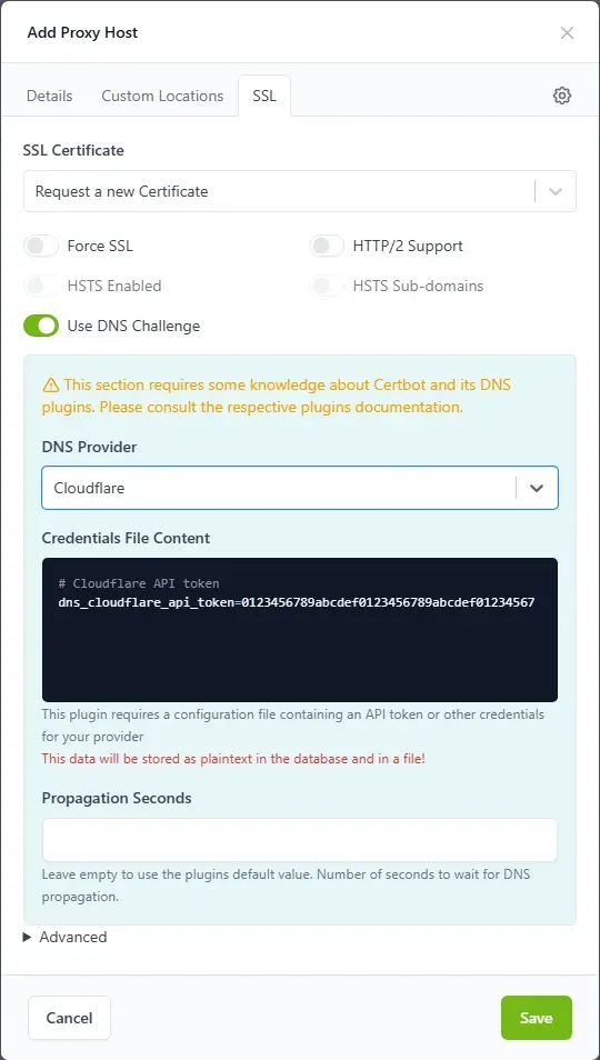 خيار Use DNS Challenge مع اختيار مزود DNS وحقل Credentials File Content