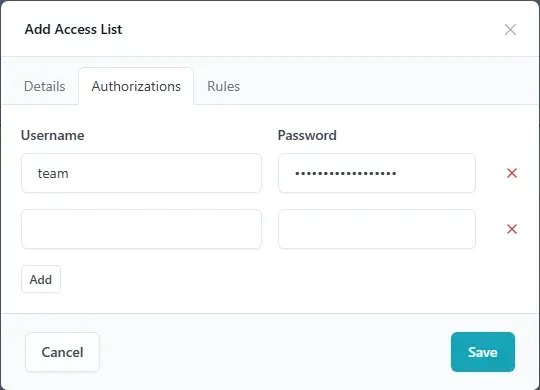 تبويب Authorizations في قائمة الوصول مع اسم مستخدم وكلمة مرور