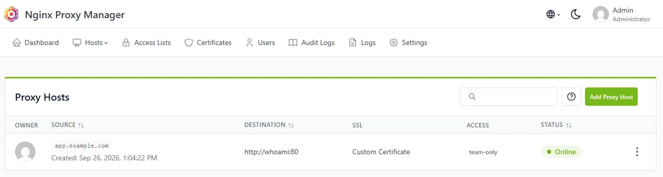 قائمة المضيفين في Nginx Proxy Manager تعرض النطاق app.example.com ووجهته http://whoami:80 مع شهادة وقائمة وصول وحالة Online