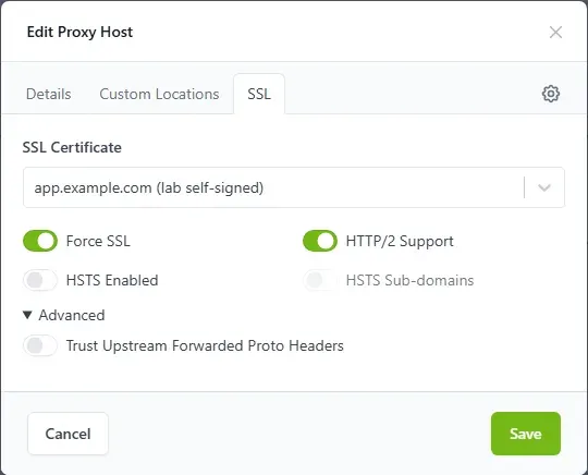 تبويب SSL في Edit Proxy Host مع خيار Trust Upstream Forwarded Proto Headers