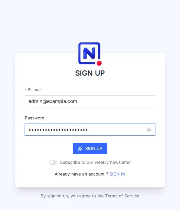 شاشة SIGN UP في NocoDB مع حقلي البريد وكلمة المرور