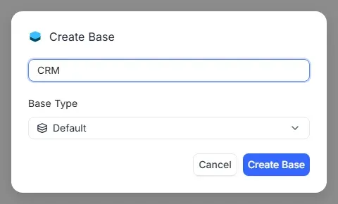 نافذة Create Base في NocoDB مع اسم القاعدة CRM
