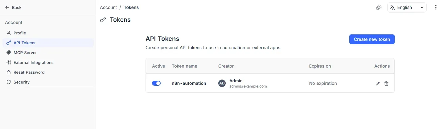 قائمة API Tokens في NocoDB مع رمز n8n-automation وزر التعطيل والحذف