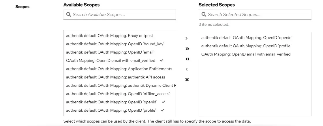 قائمة Selected Scopes وفيها openid وprofile وmapping البريد مع email_verified